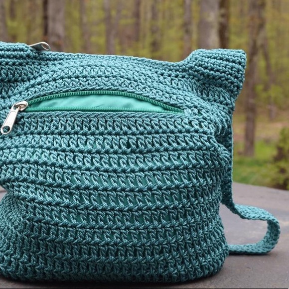 Crochet Crossbody Bag Teal Zipper Closure EUC - Picture 11 of 11